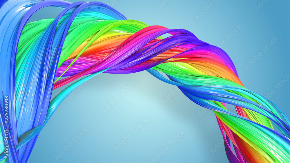 Poster 3d rendering of abstract rainbow color ribbon twisted into a circular structure on a blue background