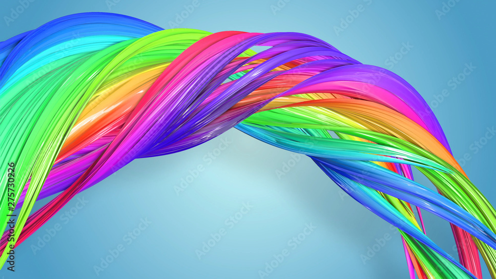 Poster 3d rendering of abstract rainbow color ribbon twisted into a circular structure on a blue background