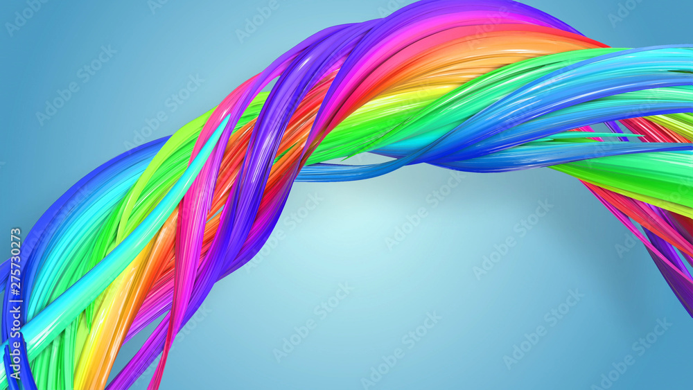 Poster 3d rendering of abstract rainbow color ribbon twisted into a circular structure on a blue background