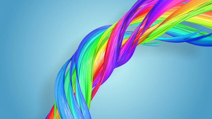 3d rendering of abstract rainbow color ribbon twisted into a circular structure on a blue background. Beautiful multicolored ribbon glitters brightly. 19
