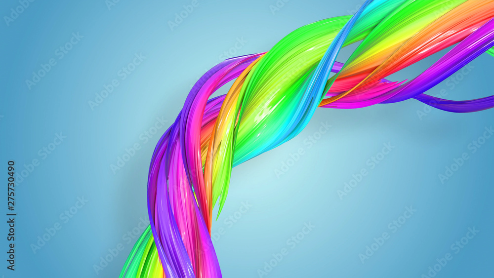 Poster 3d rendering of abstract rainbow color ribbon twisted into a circular structure on a blue background