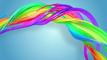 Fototapeta premium 3d rendering of abstract rainbow color ribbon twisted into a circular structure on a blue background. Beautiful multicolored ribbon glitters brightly. 42