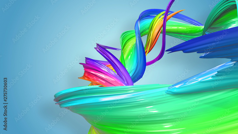 Poster 3d rendering of abstract rainbow color ribbon twisted into a circular structure on a blue background
