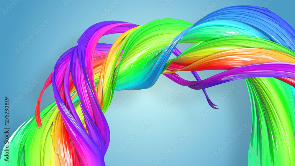 Poster 3d rendering of abstract rainbow color ribbon twisted into a circular structure on a blue background