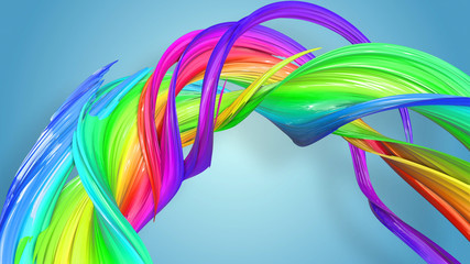3d rendering of abstract rainbow color ribbon twisted into a circular structure on a blue background. Beautiful multicolored ribbon glitters brightly. 59