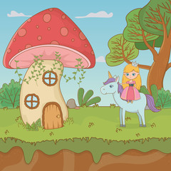 fairytale landscape scene with fungus and princess in unicorn