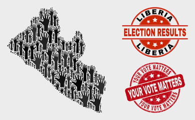 Political Liberia map and seal stamps. Red rounded Your Vote Matters scratched seal. Black Liberia map mosaic of raised electoral arms. Vector combination for referendum results,