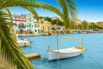 Portocolom Mallorca Majorca Spain old village with houses and boat