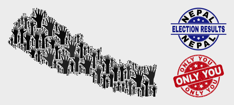 Patriotic Nepal map and seal stamps. Red rounded Only You distress seal stamp. Black Nepal map mosaic of upwards election hands. Vector collage for ballot results, with Only You seal stamp.