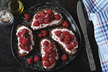 Raspberry toasts. Healthy food. Keto diet.