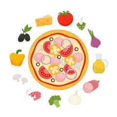 Vector set of pizza ingredients in cartoon style.