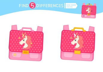 Find differences.  Educational game for children. Cartoon vector illustration of cute backpack with unicorn.