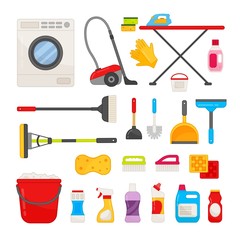 Vector set of tools for cleaning. Illustration of household chemicals, mop, broom, brush. Equipment for cleaning the house.