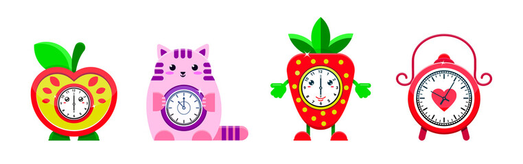 Alarm clock vector cartoon kids clockface clocked in time with hour or minute arrows illustration childish clocking object alarm wake-up timer set isolated on white background