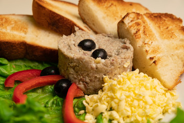 Jewish national dish forshmak with toasted bread and