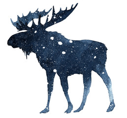 Watercolor illustration of a moose silhouette in the snow on a white background