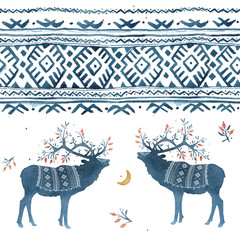 Seamless pattern with watercolor winter Scandinavian deer and national ornament in blue colors