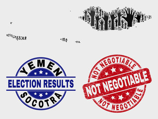 Political Socotra Archipelago map and seal stamps. Red round Not Negotiable grunge seal stamp. Black Socotra Archipelago map mosaic of raised up support hands. Vector collage for referendum results,