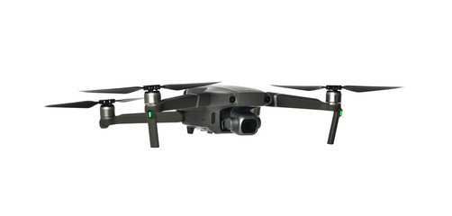 New dark grey drone quadcopter with digital camera and sensors flying on white