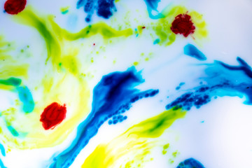 Abstract Primary Color Ink Splats Splotches of bright color on a white background. Scientific, artistic look. Spreading color movement. Microscopic look.