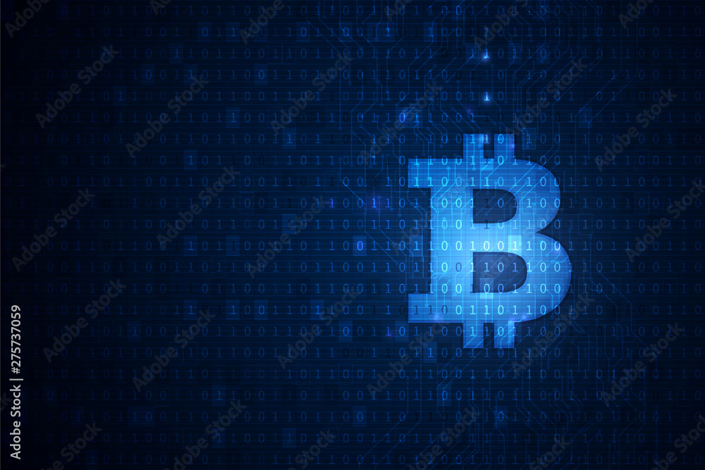 Poster bitcoin cryptocurrency blockchain technology concept, btc currency symbol, binary digits. vector eps