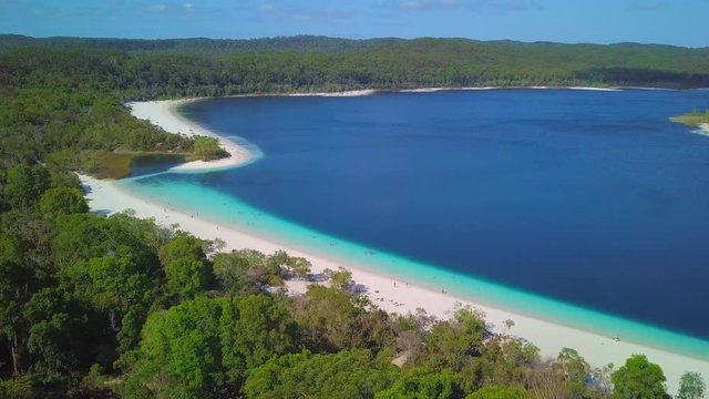 Aerial Forward: Amazing Beach Between Bright Blue Ocean and Lush Green Forest , Fraser Island, Australia