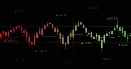 Widescreen Abstract financial chart with candlestick graph and numbers on black color background