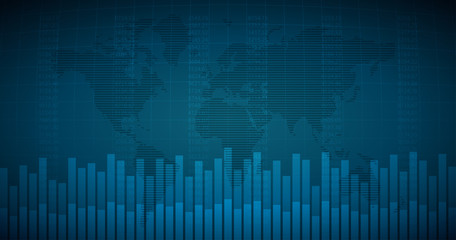 Widescreen Abstract financial graph with bar chart and world map with number on blue color background