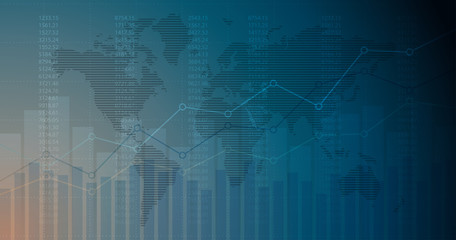 Widescreen Abstract financial graph with uptrend line and world map in stock market on blue color background