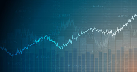 Widescreen abstract financial chart with uptrend line graph and numbers in stock market on blue color background
