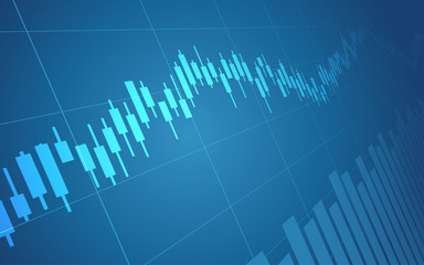 Abstract financial chart with uptrend line candlestick graph in stock market on blue color background