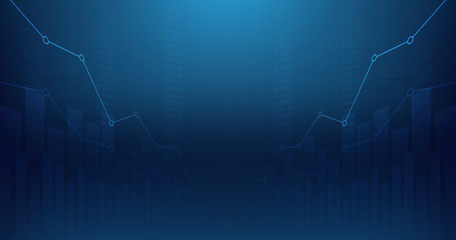 Widescreen Abstract financial graph with uptrend line and numbers in stock market on blue color background