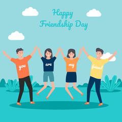 Obraz premium Happy friendship day greeting card with diverse friend group of people hugging together for special event celebration