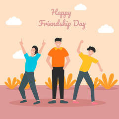 Happy friendship day greeting card with diverse friend group of people hugging together for special event celebration