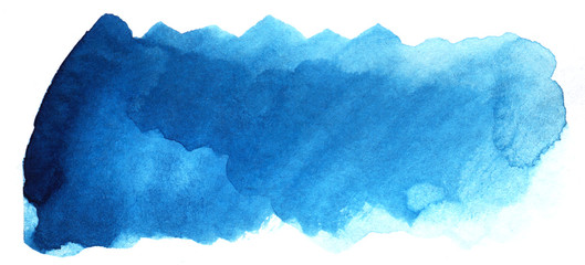 Abstract headline background. A shapeless oblong spot of blue color. Gradient from dark to light. Hand drawn watercolor illustration on texture paper. isolate on white © Olga
