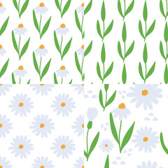 Set of seamless patterns with abstract hand drawn flowers and leaves on a white background. Vector design for wrapping paper, textile.