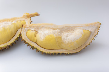 Ripe durian fruit on white background