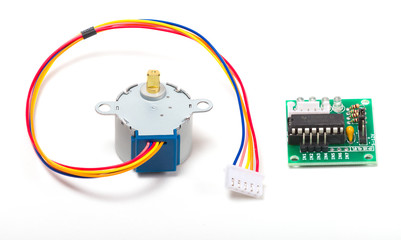 5V Stepper Motor and Driver Board on white background