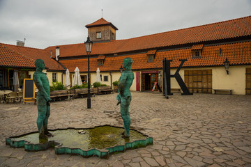 PRAGUE, CZECH REPUBLIC: Fountain in the form of men pissing on the contours of the Czech Republic....