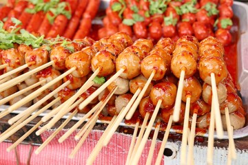 grilled meatballs and sausage at street food