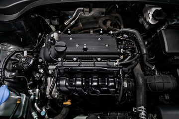 Close up detail of new car engine. Internal combustion engine, car parts, deteyling, Soft focus....