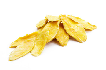 Slices of dried mango isolated white background