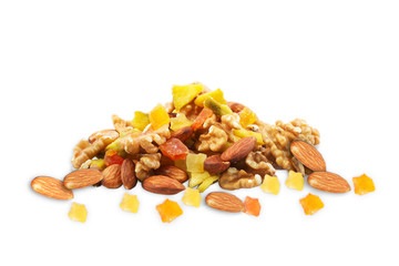 Granola pile, heap of musli,various seeds and berries,cereal,grain for good health. All isolated on white background.