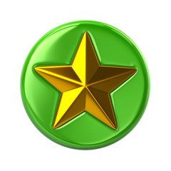 Green and golden star button 3d illustration on white background
