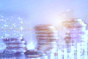 Financial investment concept, Double exposure of city night and stack of coins for finance investor, Forex trading candlestick chart economic , ECN Digital economy.