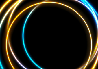 Blue orange neon glowing circles abstract background