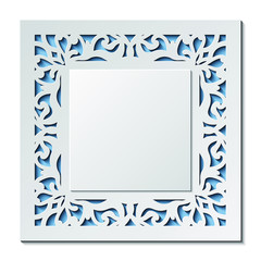 Laser cut template of wedding invitation. Square card with abstract ornament. Vector illustration background. White 3D paper cut silhouette for Valentine's day. Panel for wood carving, diecut pattern.