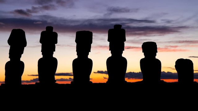Moai Statues in Easter Island at Dusk, Rapa Nui National Park, Chile