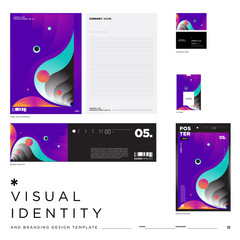 Stationery Corporate Brand Identity Mockup set with Colorful Abstract Fluid Background. Vector Illustration Mock up for Branding, product, event, banner, website.