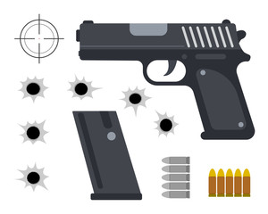 Gun with bullet set and bullet holes on white background - Vector illustration 